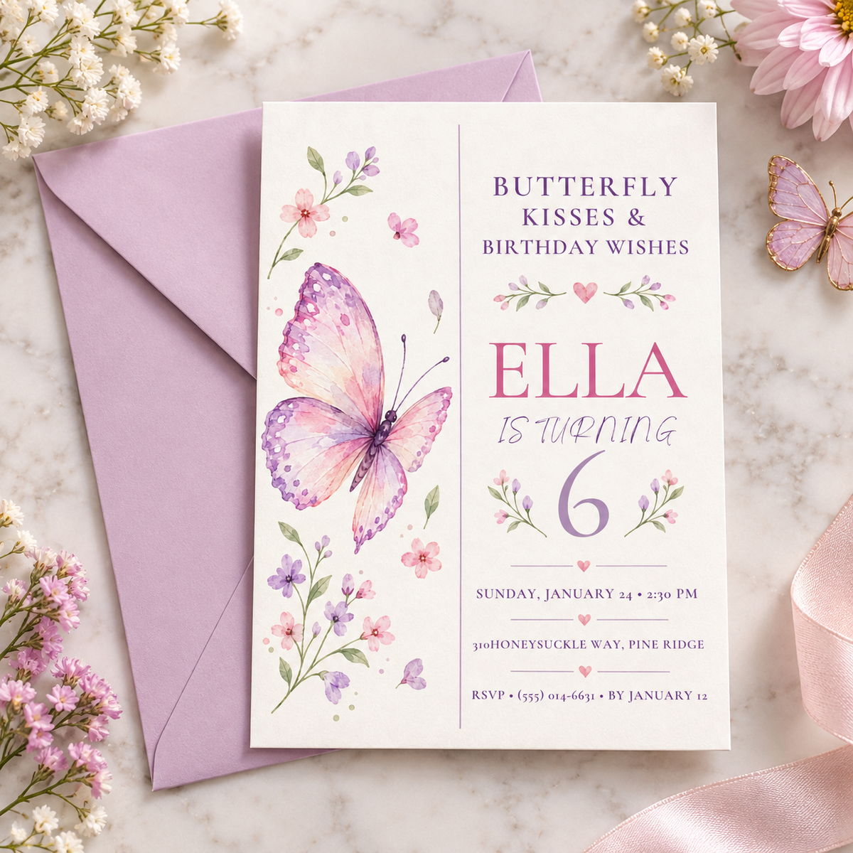 Butterfly kisses birthday invitation beside a lilac envelope and soft florals
