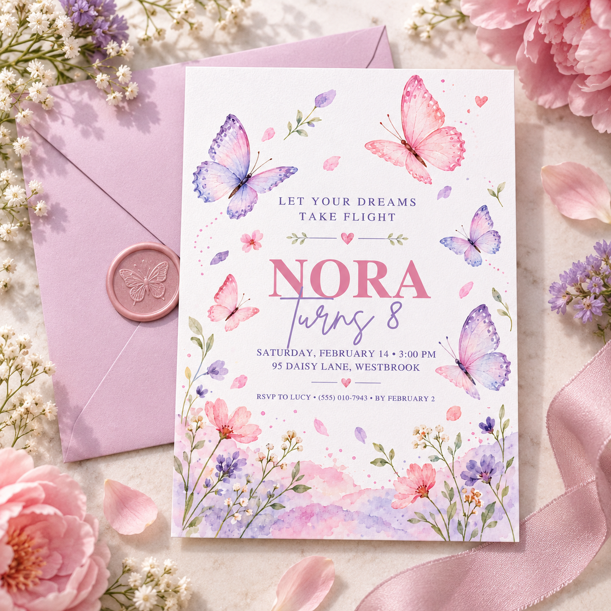 Butterfly birthday invitation next to a lilac envelope with a pink wax seal