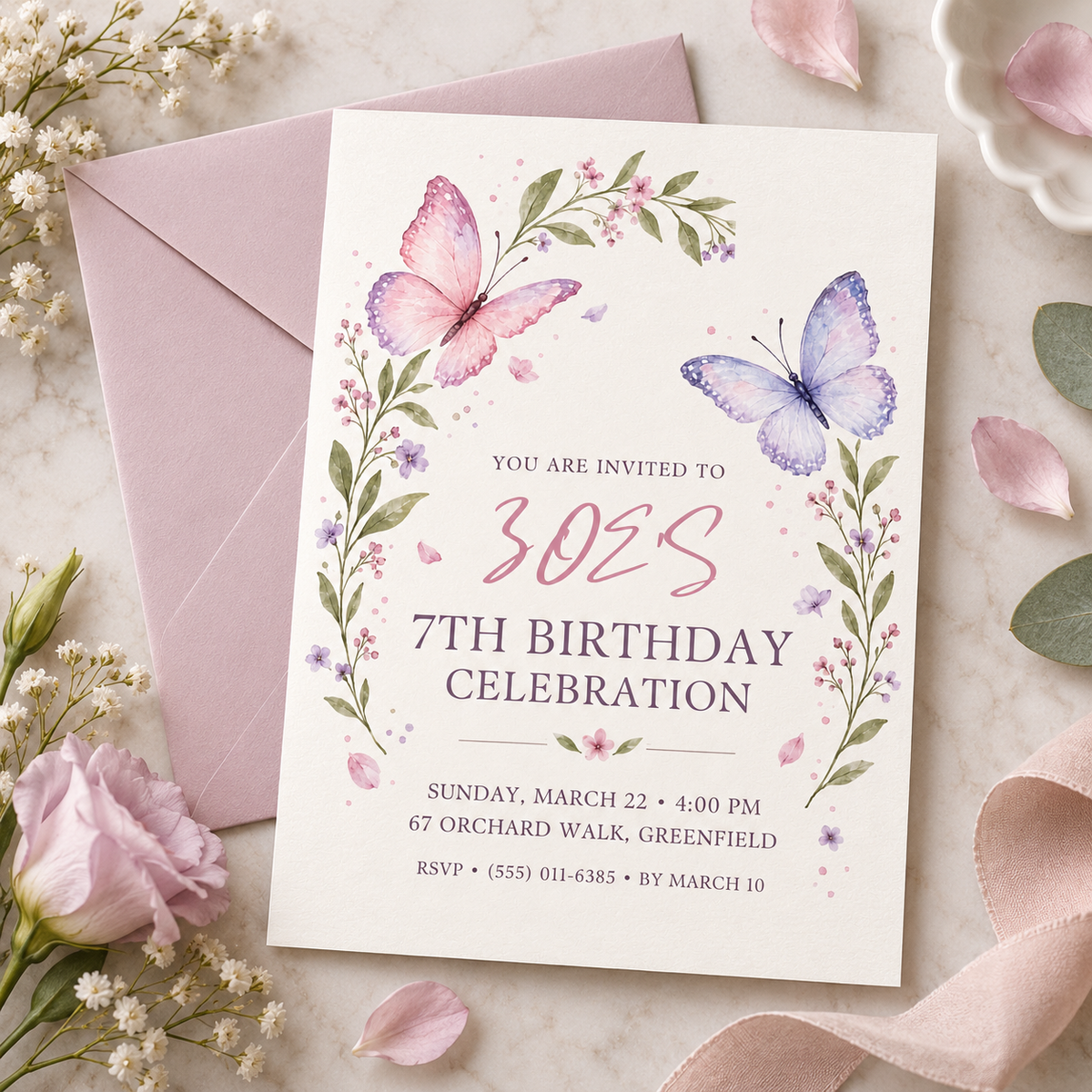 Butterfly wildflower birthday invitation next to a mauve envelope and pink rose