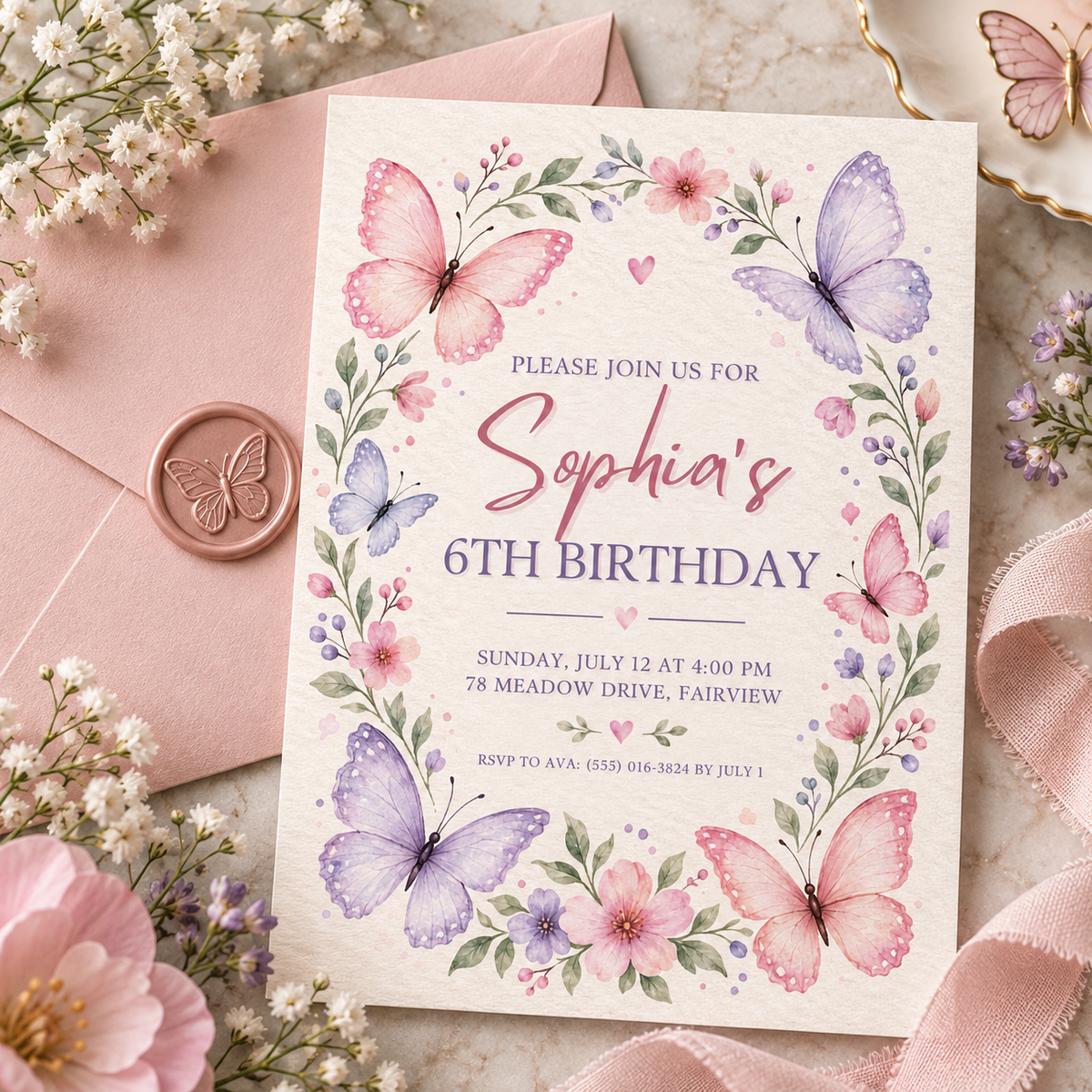 Pink and purple butterfly invitation next to a pink envelope sealed with a butterfly stamp