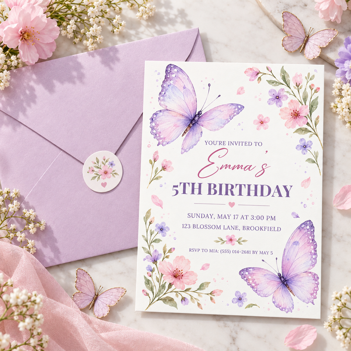 Purple butterfly birthday invitation next to a lilac envelope with a round floral sticker
