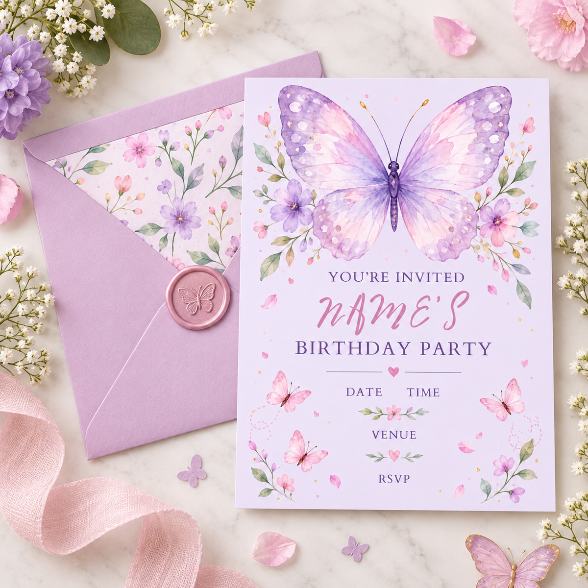 Lilac butterfly birthday invitation next to a floral-lined envelope with a pink wax seal