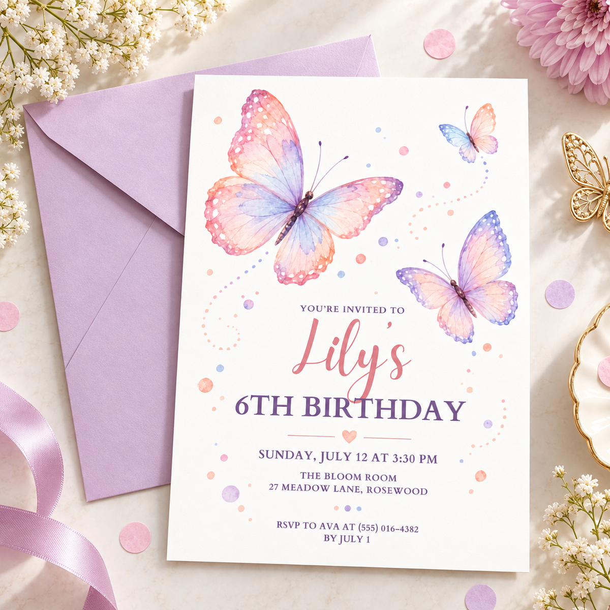 Watercolor butterfly invitation on a lilac envelope with baby's breath