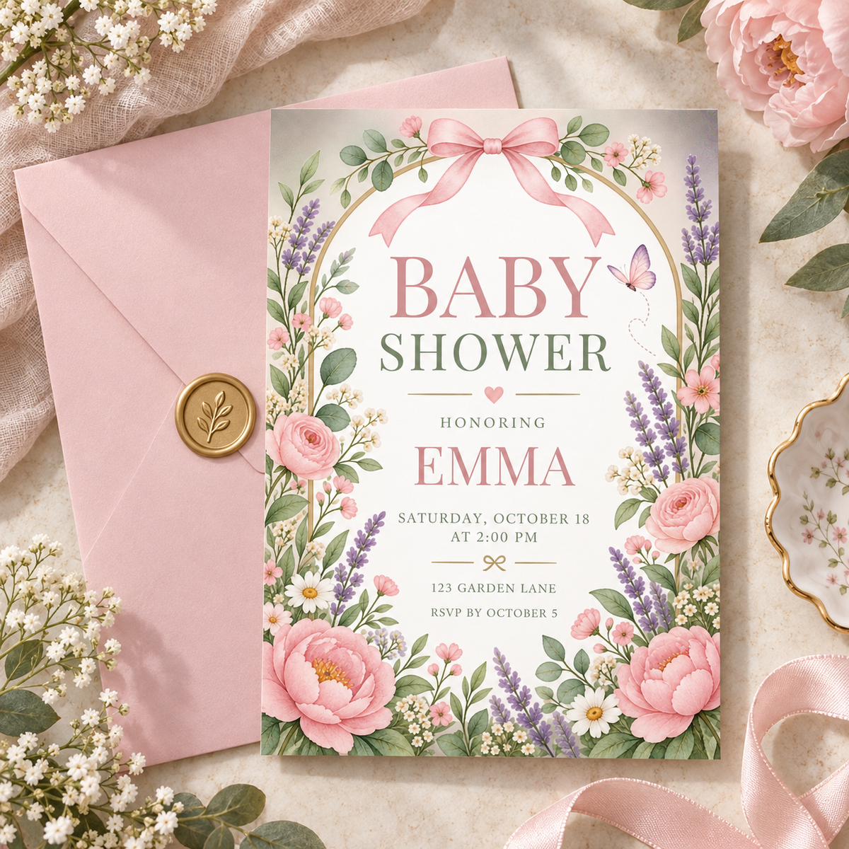 Pink floral baby shower invitation on a pink envelope with a gold wax seal