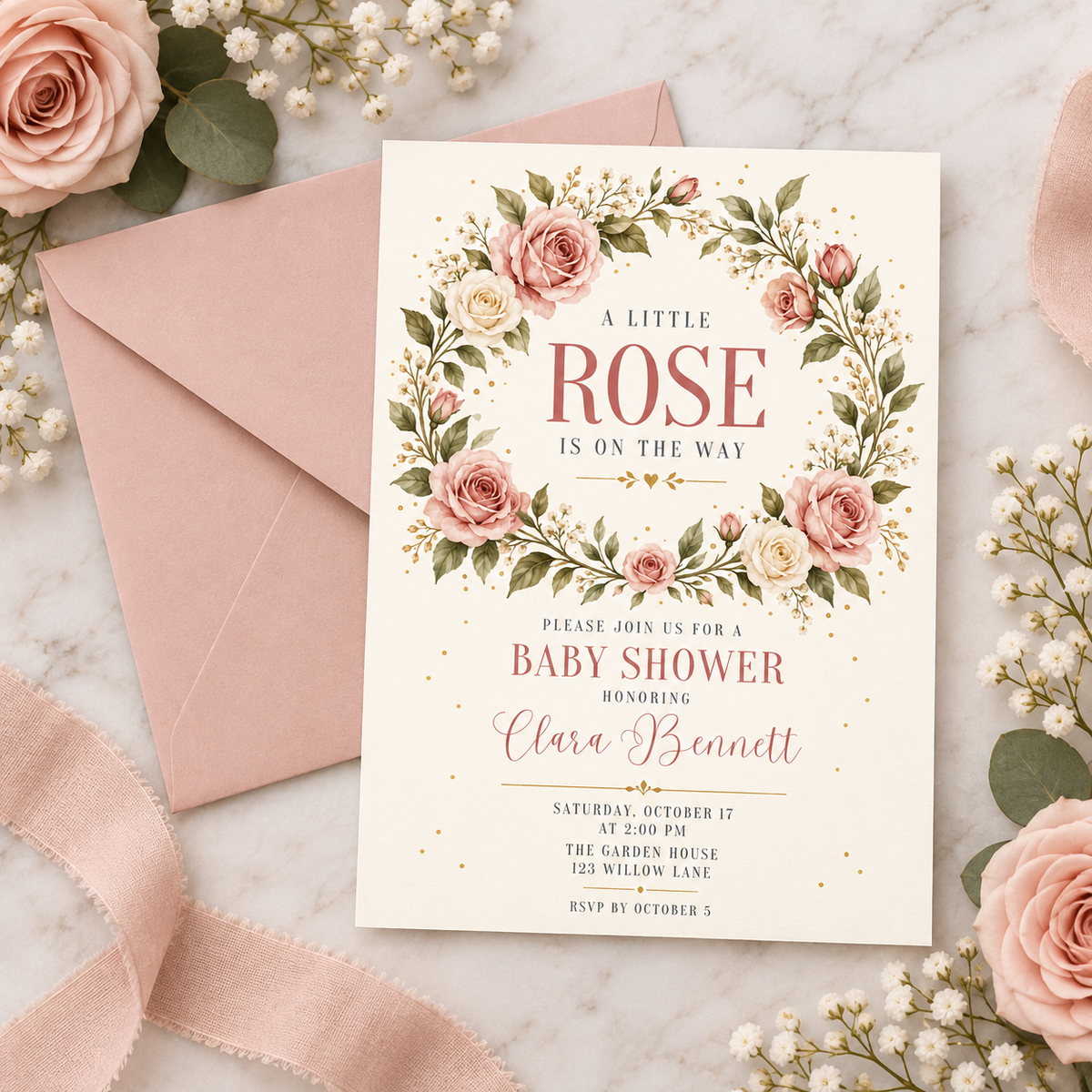 Rose wreath baby shower invitation on a pink envelope