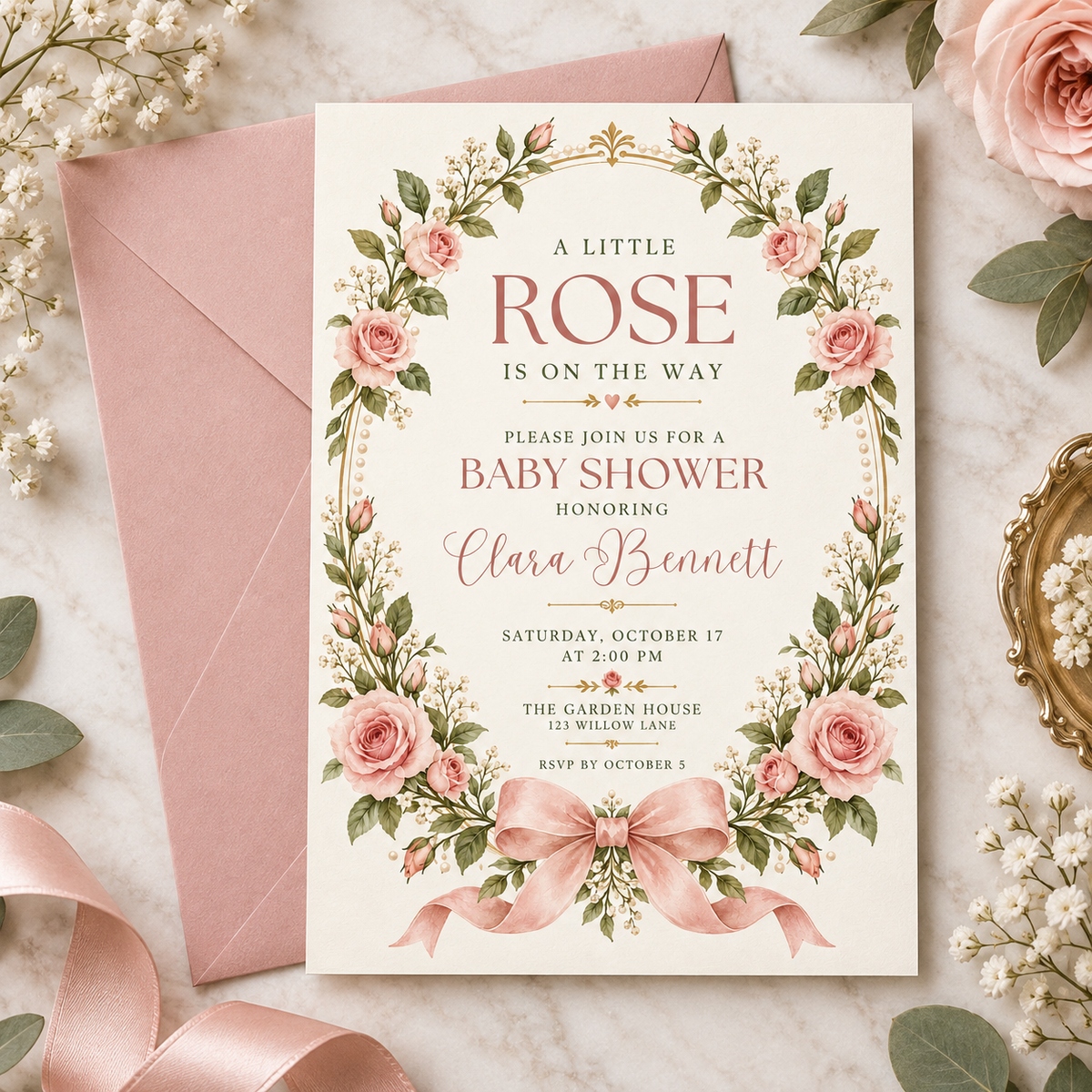 Little Rose invitation on a pink envelope beside baby breath