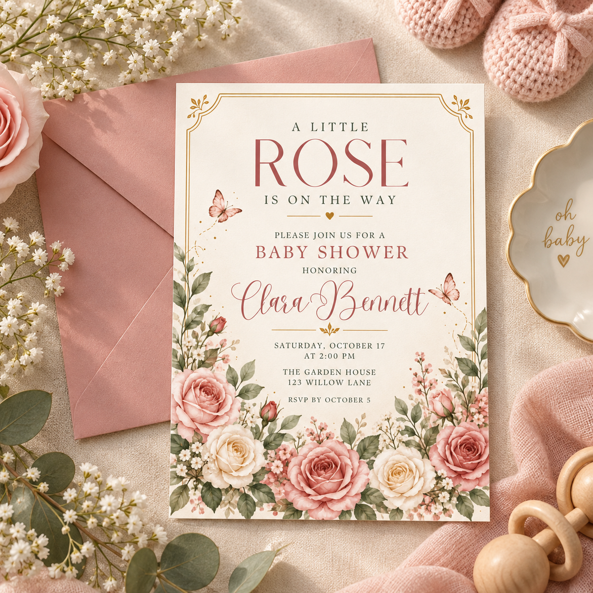 Rose baby shower invitation beside a pink envelope and gold baby rattle