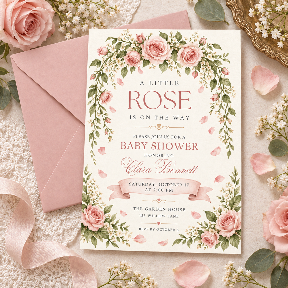 Rose baby shower invitation on a pink envelope with scattered petals