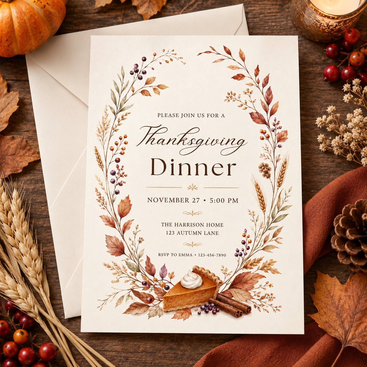 Thanksgiving Dinner invitation Canva template with envelope and dried wheat, editable fall design