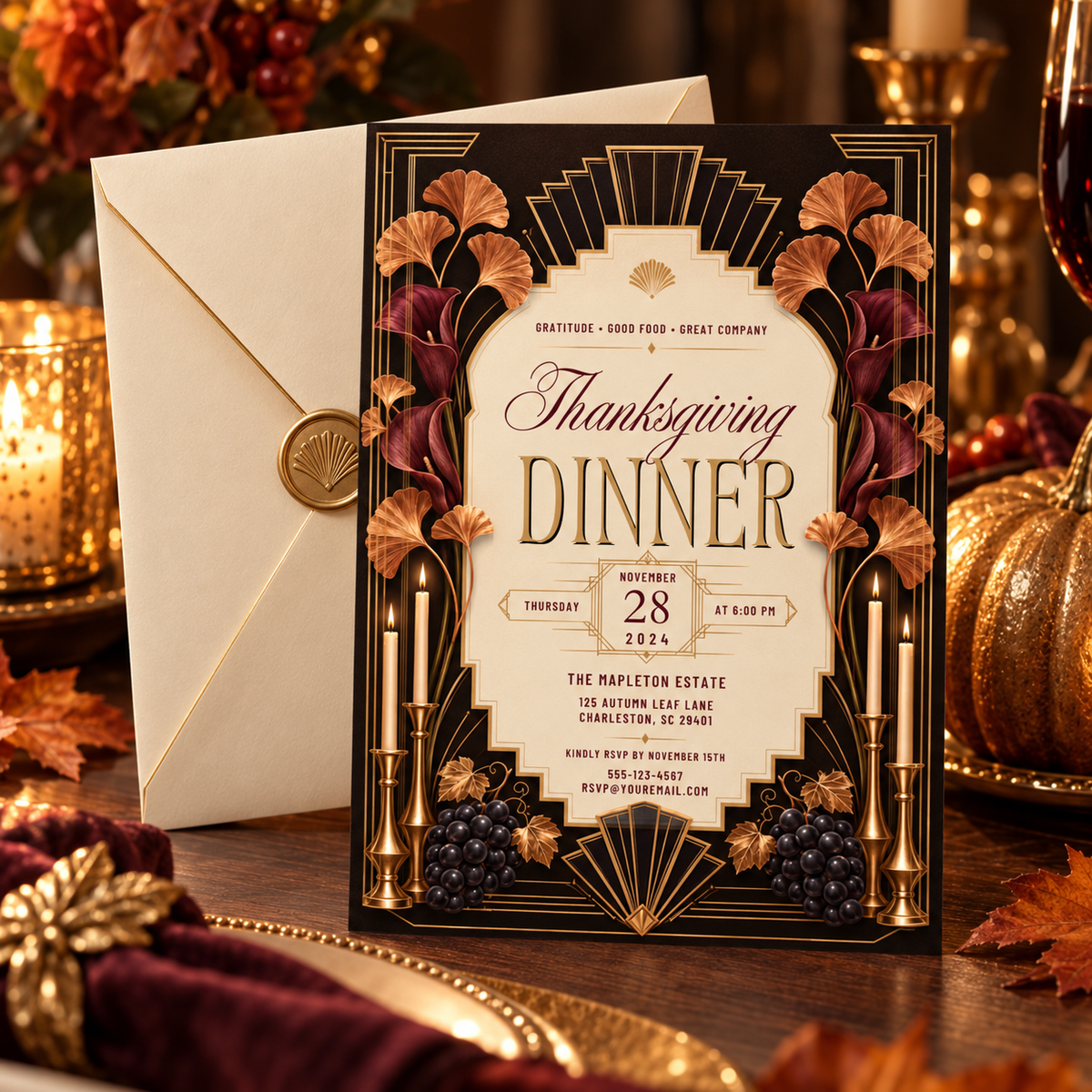 Thanksgiving Dinner invitation Canva template with cream envelope and wax seal, editable vintage design