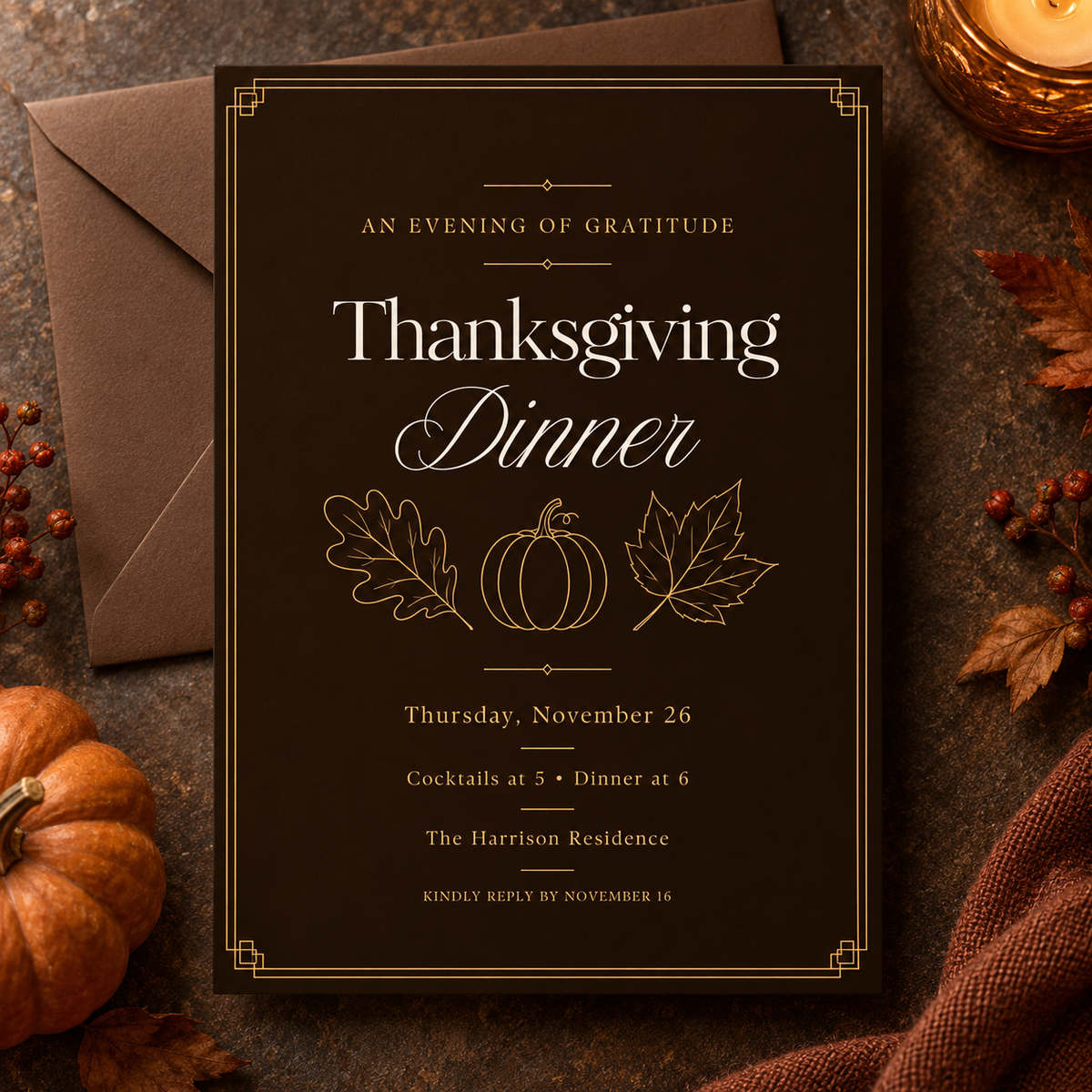 Thanksgiving Dinner invitation template with brown envelope, editable elegant gold design