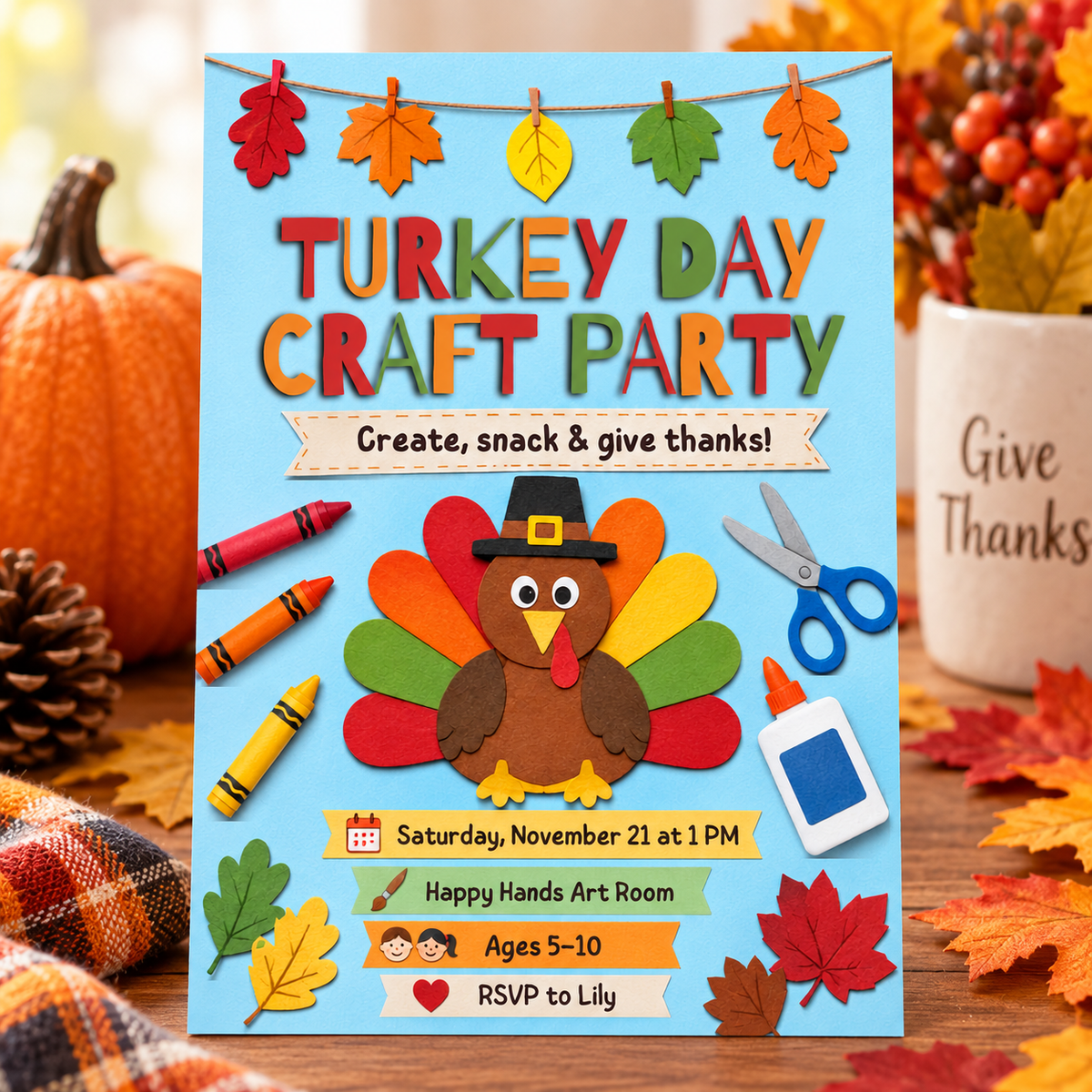 Turkey Day Craft Party invitation template standing near flowers, editable playful fall design