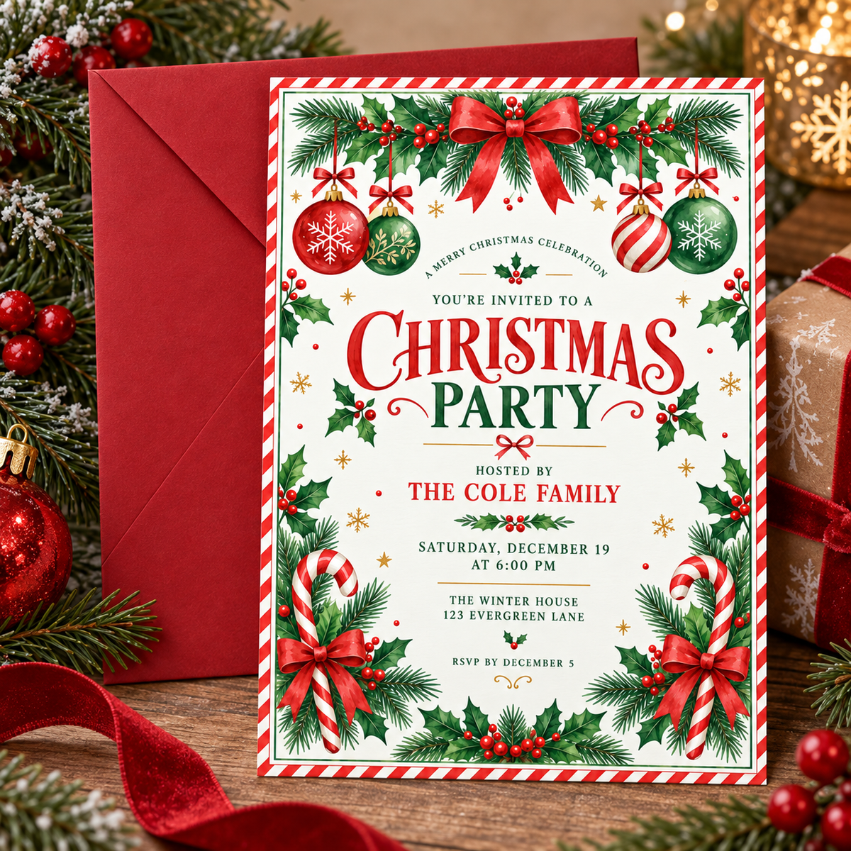 Red and green Christmas invitation with a red envelope and holly sprigs