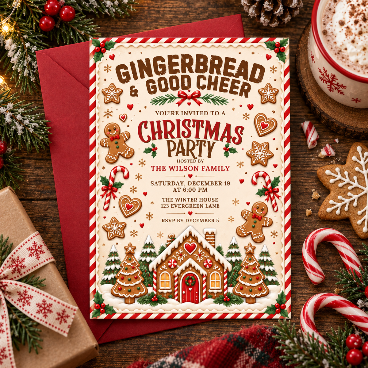 Gingerbread Christmas party invitation with a red envelope and candy canes