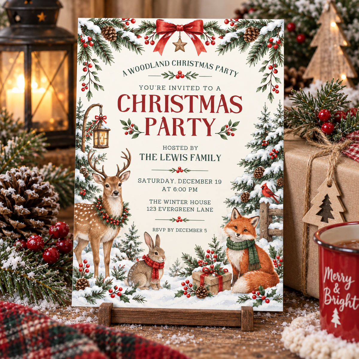 Deer and fox Christmas party invitation beside a lantern and wrapped gifts