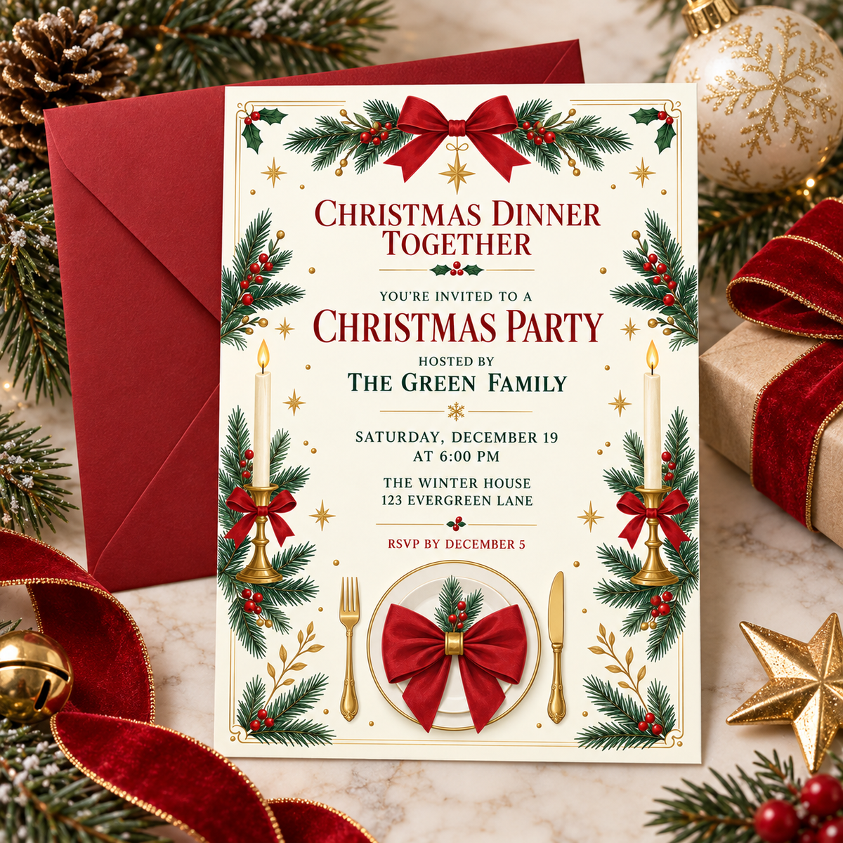 Christmas dinner invitation with a red envelope on a festive table