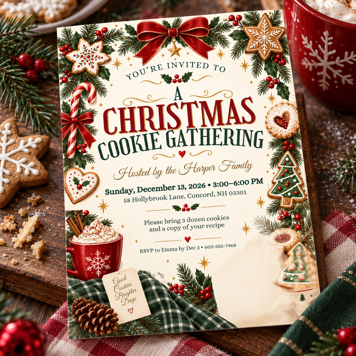 Gingerbread Christmas cookie invitation lying on a table with plaid and pine