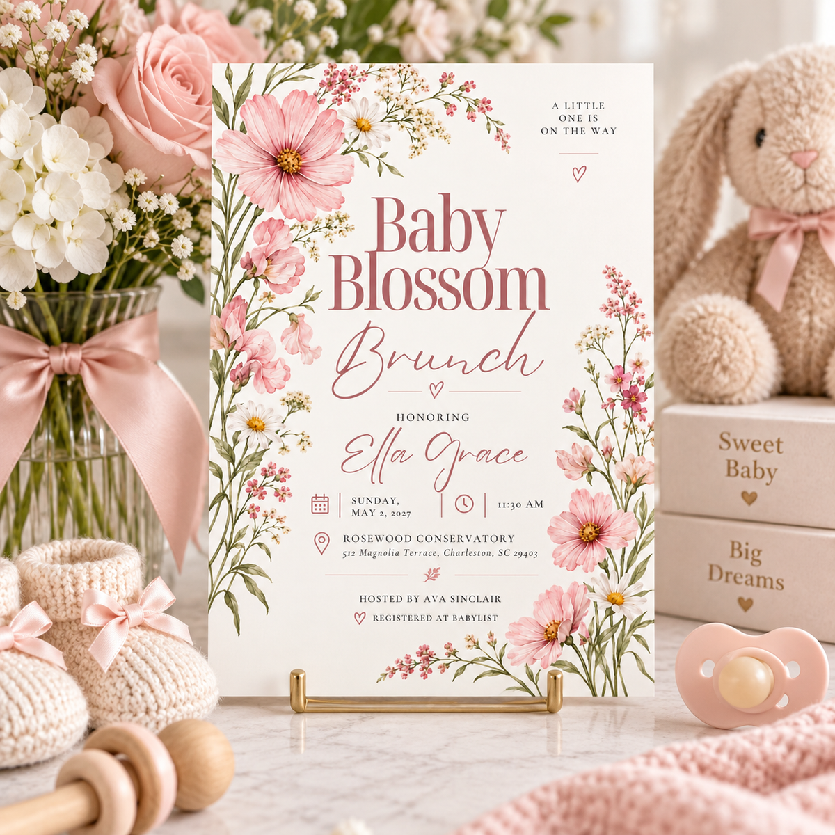 Pink floral baby shower invitation on an easel beside a plush bunny