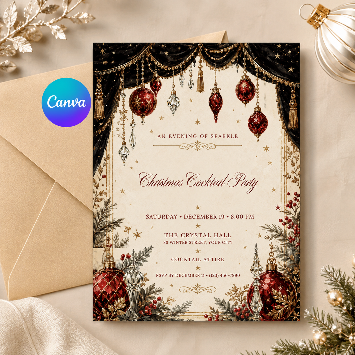 Christmas Cocktail Party invitation with gold envelope