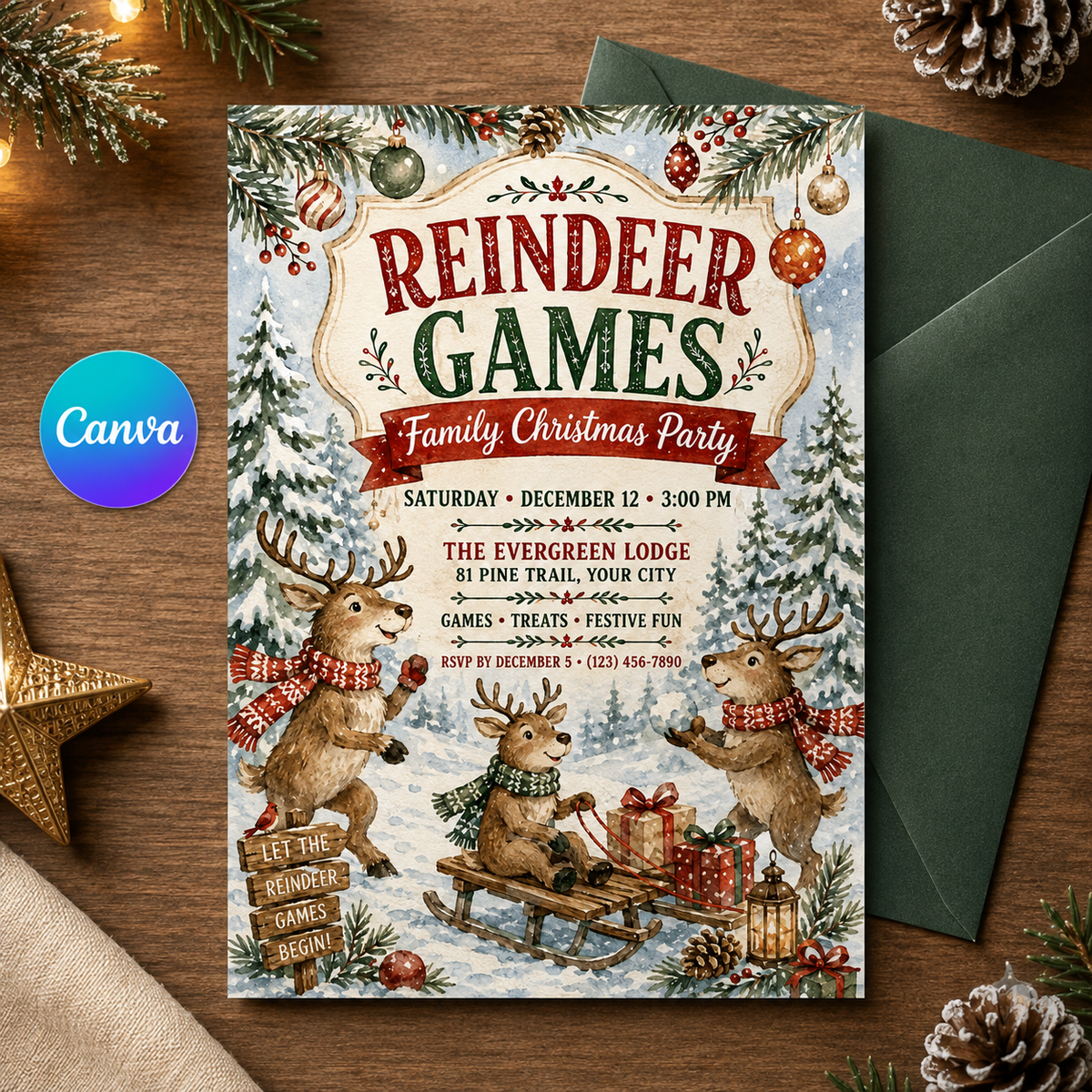 Reindeer Games invitation with green envelope