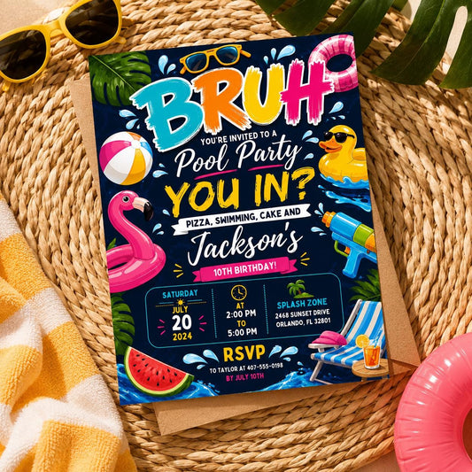 Editable Pool Birthday Invitation Canva Template, Boys Teens Pool Cute Modern Fun Themed DIY Sweet Party Invite, Printable Digital Download.