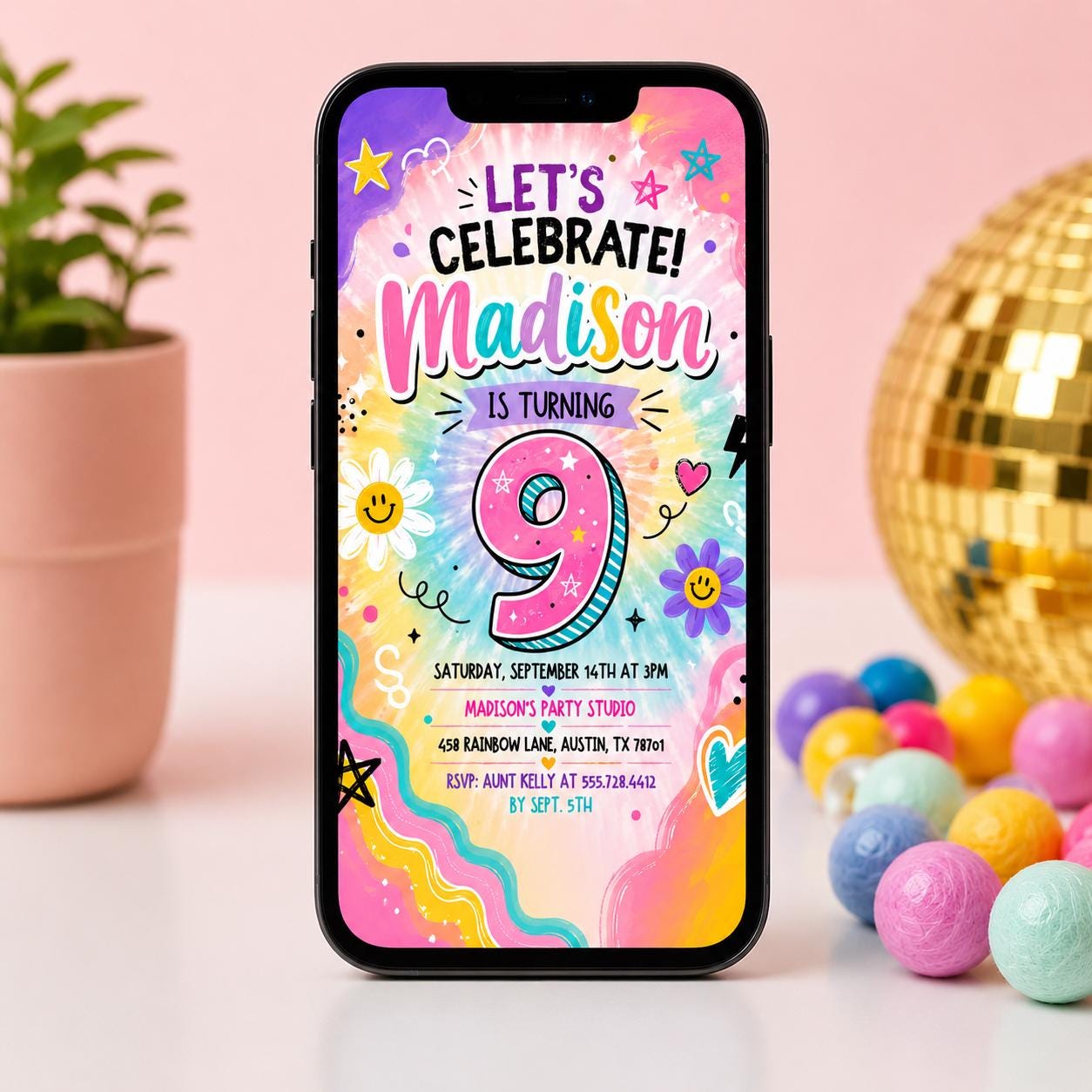 Editable Retro Birthday Invitation Canva Template, Girls Retro Groovy Cute Fun DIY Sweet Chic Kids Party Invite, Printable Digital Download.