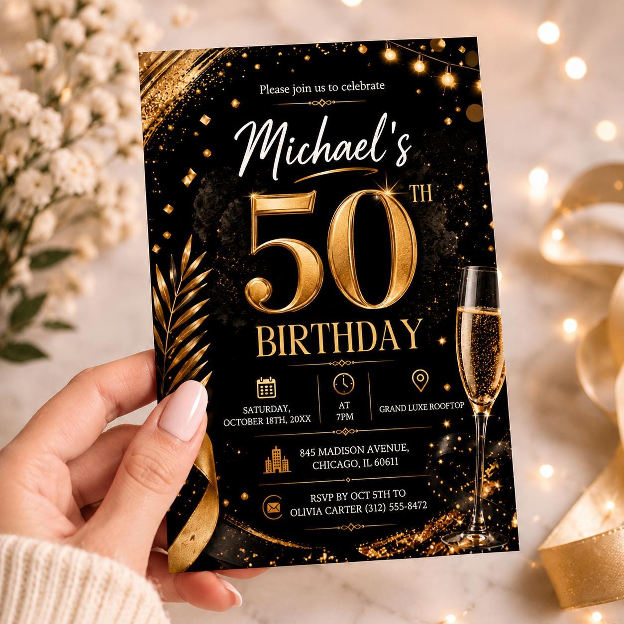 Editable Elegant Birthday Invitation Canva Template, Gold Black Boys Adult Cute Fun DIY Sweet Chic Party Invite, Printable Digital Download.