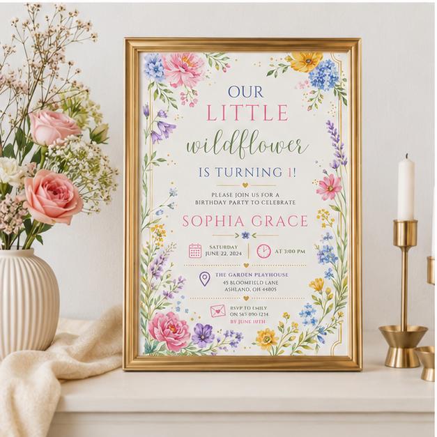 Editable Wildflower Birthday Invitation Canva Template, Floral Girls Kids Cute Modern Fun DIY Chic Party Invite, Printable Digital Download.