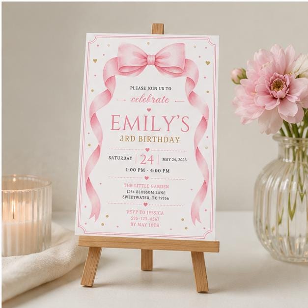 Editable Pink Bow Birthday Invitation Canva Template, Girls Kids Adult Bow Cute Fun DIY Sweet Chic Party Invite, Printable Digital Download.