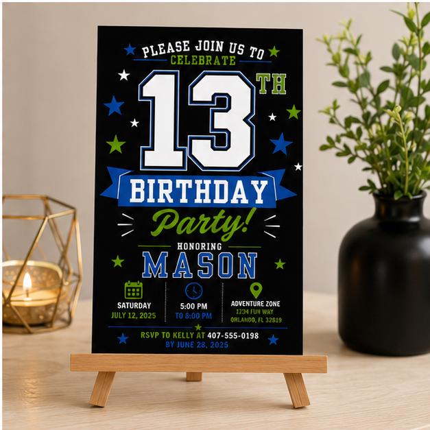 Editable Simple Birthday Invitation Canva Template, Boys Kids Teens Cute Modern Fun DIY Sweet Chic Party Invite, Printable Digital Download.