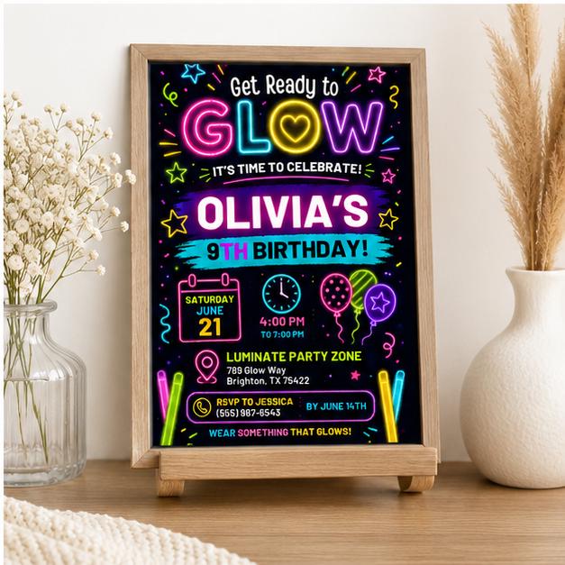 Editable Neon Glow Birthday Invitation Canva Template, Girls Teens Neon Cute Modern Fun Themed DIY Party Invite, Printable Digital Download.
