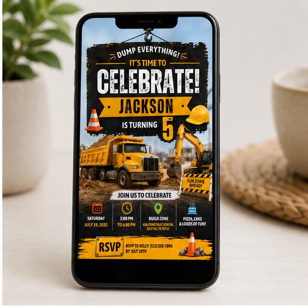 Editable Construction Birthday Invitation Canva Template, Modern Boys Kids Cute Fun DIY Sweet Chic Party Invite, Printable Digital Download.