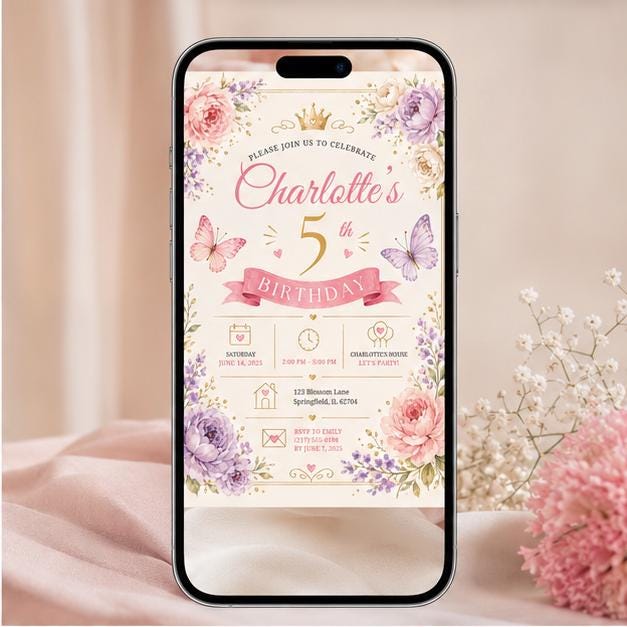 Editable Fairy Garden Birthday Invitation Canva Template, Pink Floral Girls Kids Cute Fun DIY Chic Party Invite, Printable Digital Download.