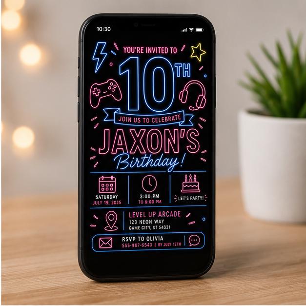 Editable Neon Glow Birthday Invitation Canva Template, Boys Kids Teens Neon Cute Fun DIY Chic Teen Party Invite, Printable Digital Download.