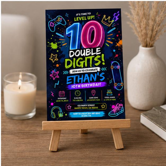 Editable Neon Glow Birthday Invitation Canva Template, Kids Teens Neon Cute Modern Fun Instant DIY Party Invite, Printable Digital Download.