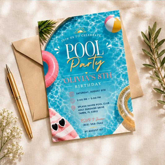 Editable Pool Birthday Invitation Canva Template, Black Groovy Kids Pool Cute Modern Fun DIY Sweet Party Invite, Printable Digital Download.