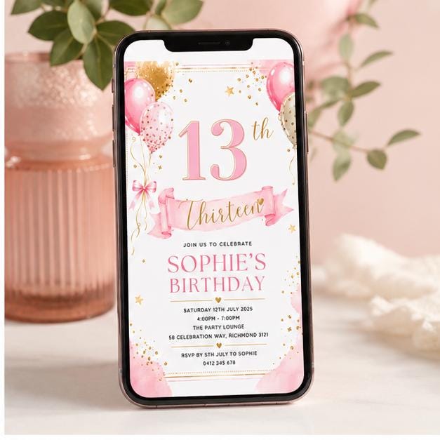 Editable Blue Birthday Invitation Canva Template, Floral Trendy Girls Teens Cute Fun DIY Chic Kids Party Invite, Printable Digital Download.