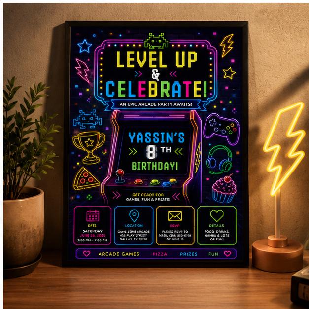 Editable Gamer Birthday Invitation Canva Template, Blue Green Neon Boys Cute Modern Fun Themed DIY Party Invite, Printable Digital Download.