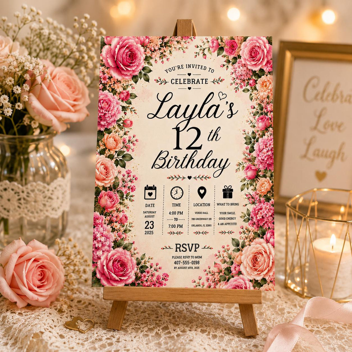 Editable Floral Birthday Invitation Canva Template, Pink Blush Girls Adult Cute Fun DIY Sweet Chic Party Invite, Printable Digital Download.