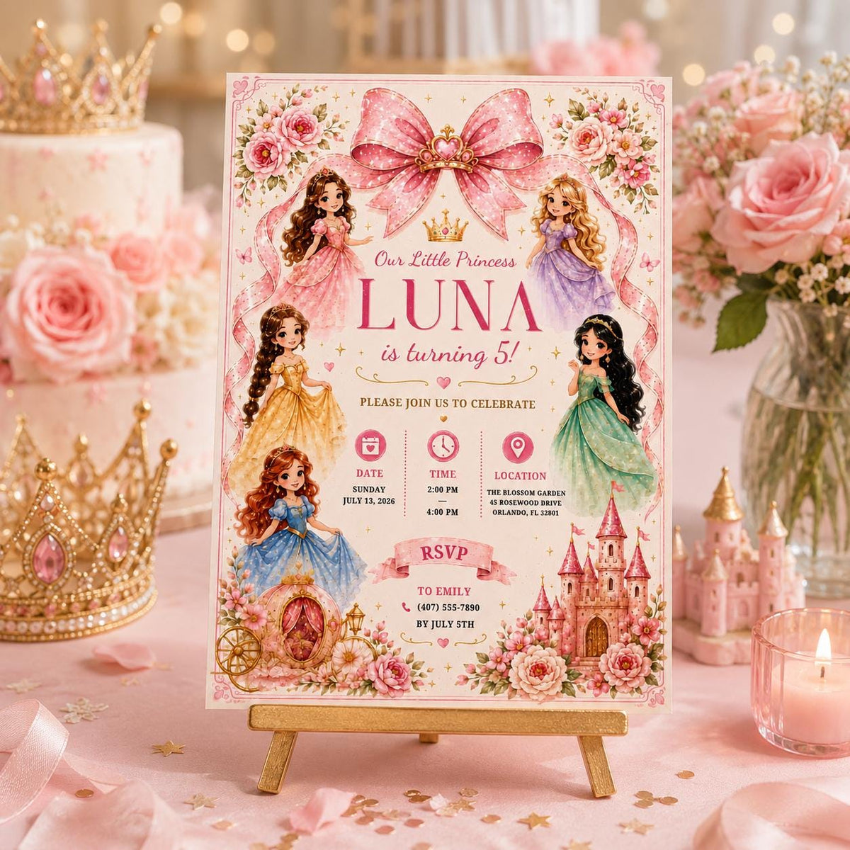 Editable Princess Birthday Invitation Canva Template, Girls Cute Modern Fun Themed Custom DIY Chic Party Invite, Printable Digital Download.