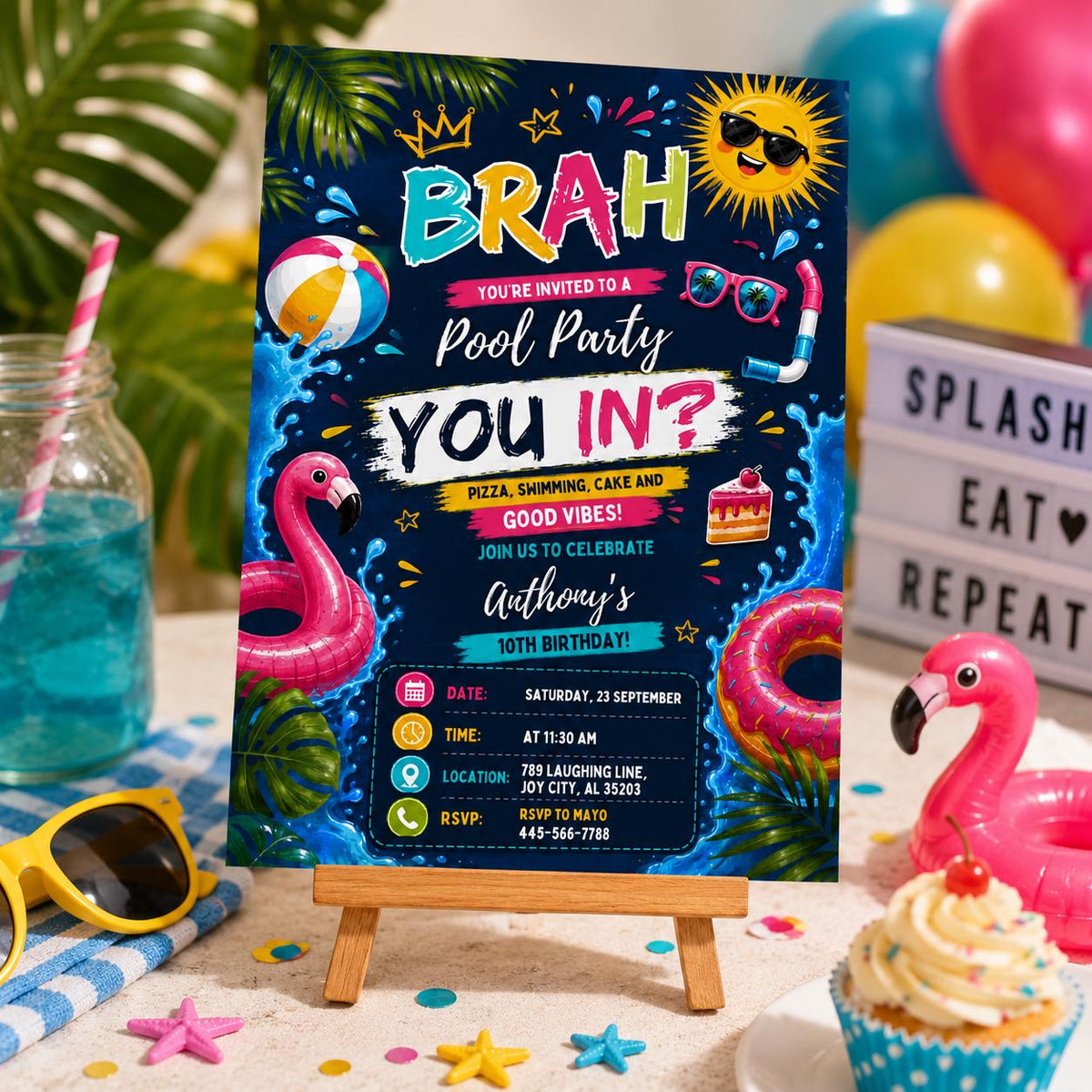 Editable Pool Birthday Invitation Canva Template, Boys Teens Pool Cute Modern Fun Themed DIY Sweet Party Invite, Printable Digital Download.