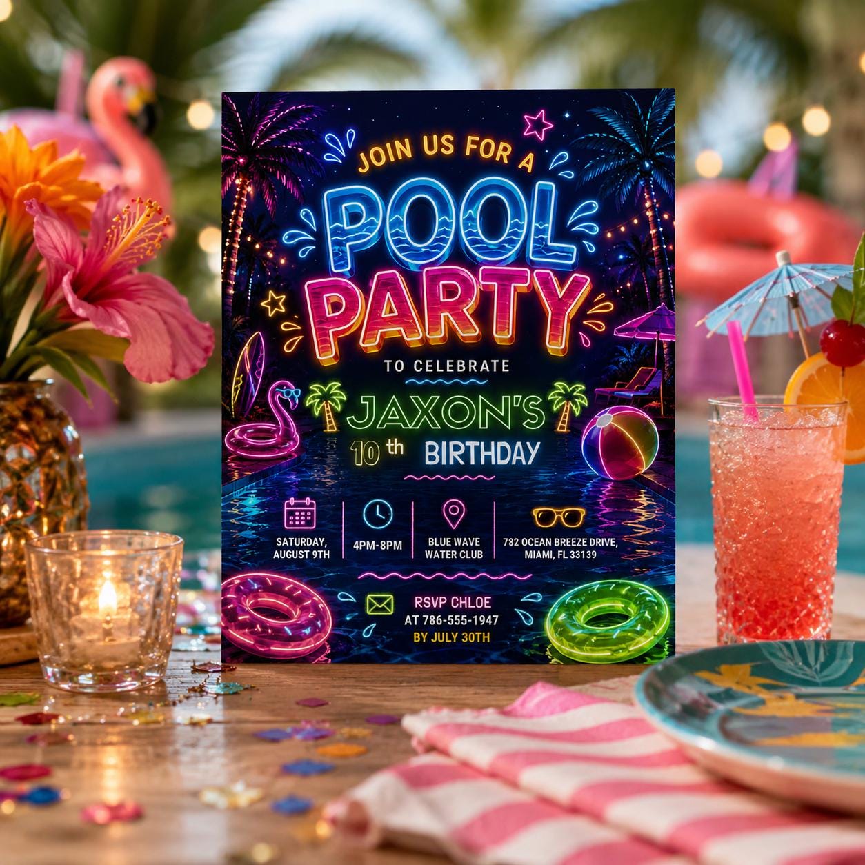 Editable Pool Birthday Invitation Canva Template, Floral Girls Teens Pool Cute Modern Fun DIY Chic Party Invite, Printable Digital Download.