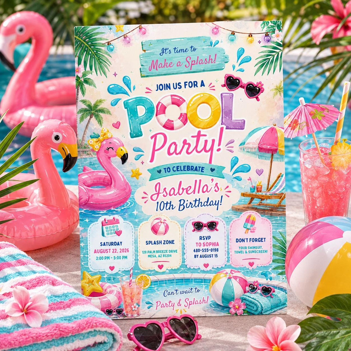 Editable Pool Party Birthday Invitation Canva Template, Pastel Summer Swim Party Invite for Girls, Kids, Any Age Printable Digital Download.