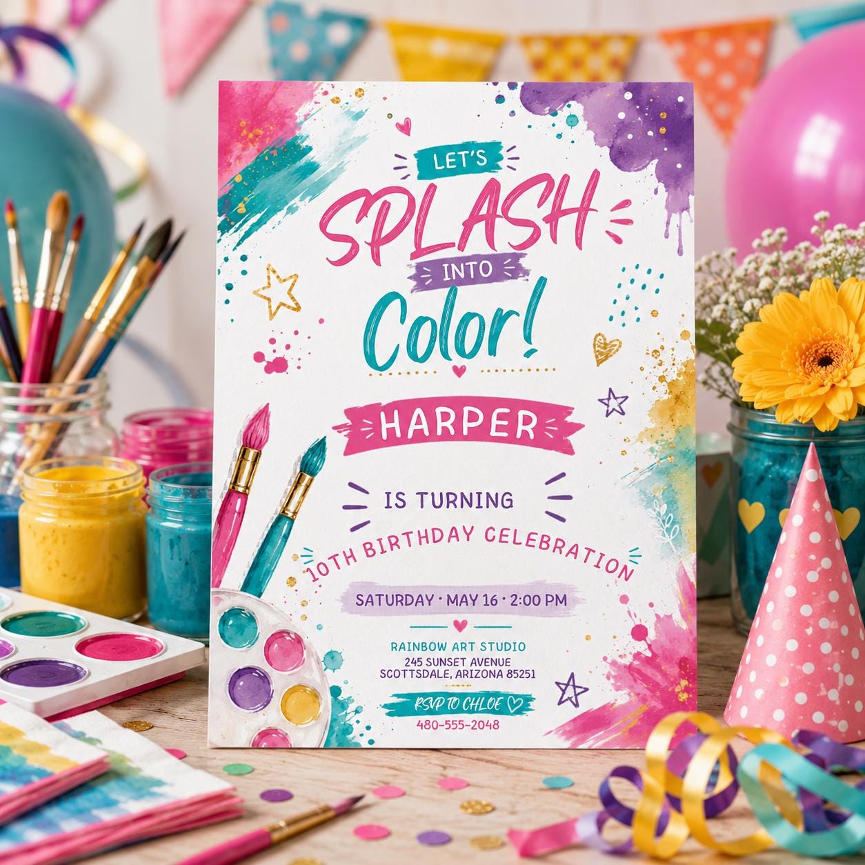 Editable Art Paint Birthday Invitation Canva Template, Girls Cute Modern Fun Themed DIY Sweet Chic Party Invite, Printable Digital Download.