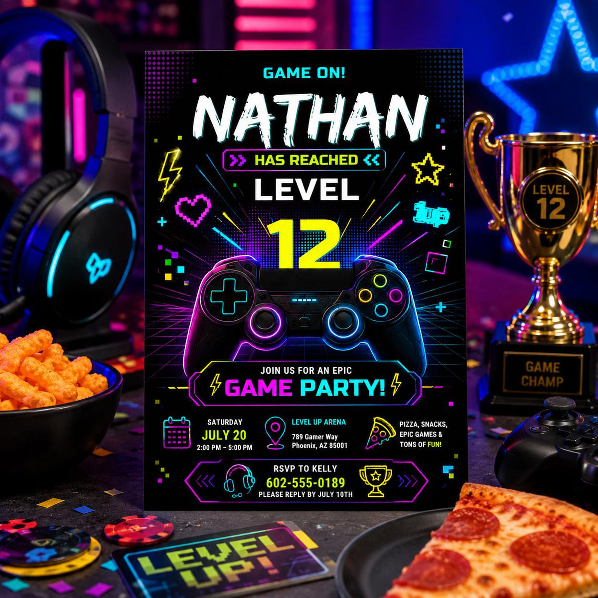 Editable Gamer Birthday Invitation Canva Template, Blue Neon Gamer Cute Modern Fun Themed DIY Chic Party Invite, Printable Digital Download.