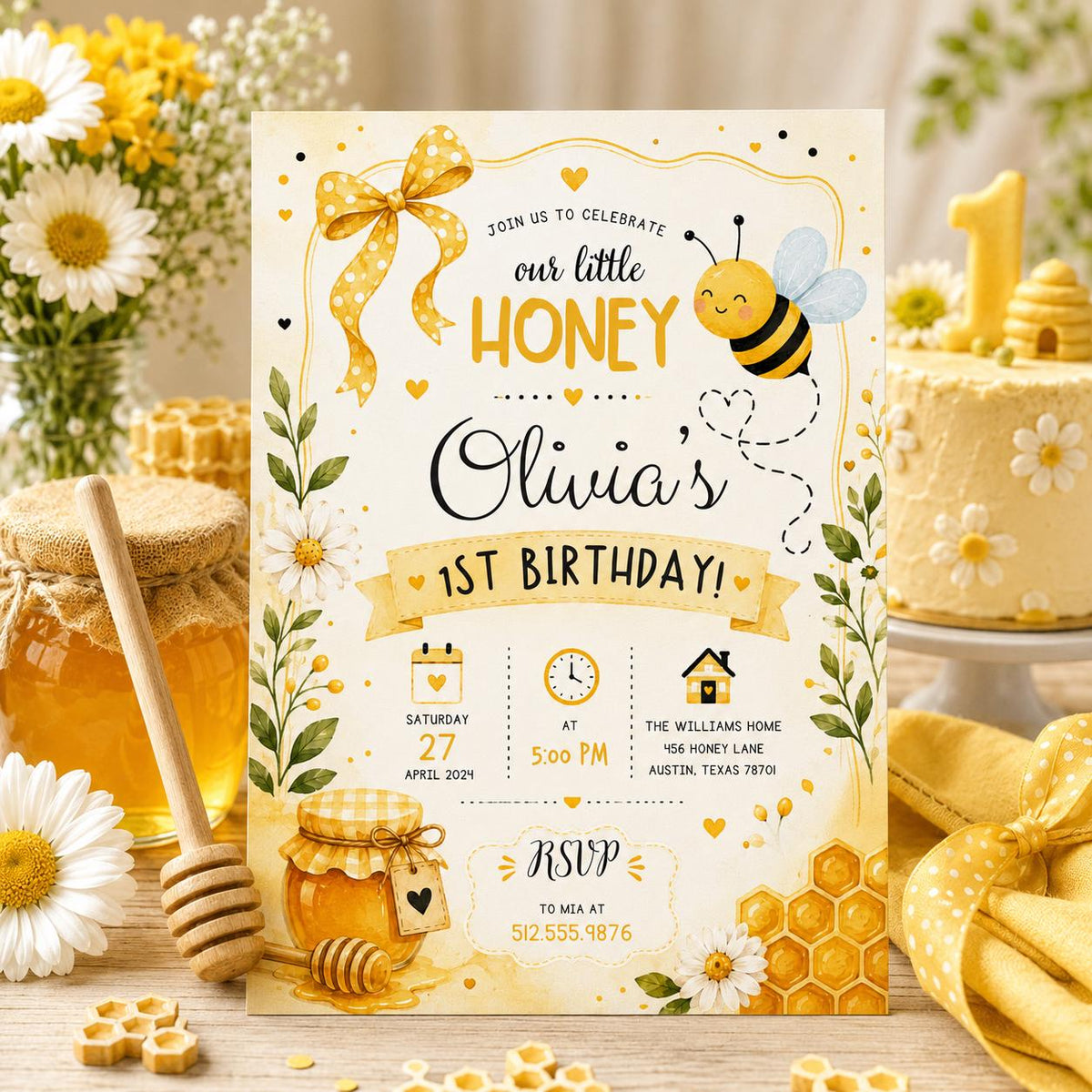 Editable First Bee Day Bumble Birthday Invitation Canva Template, Kids Cute Modern Fun Instant DIY Party Invite, Printable Digital Download.