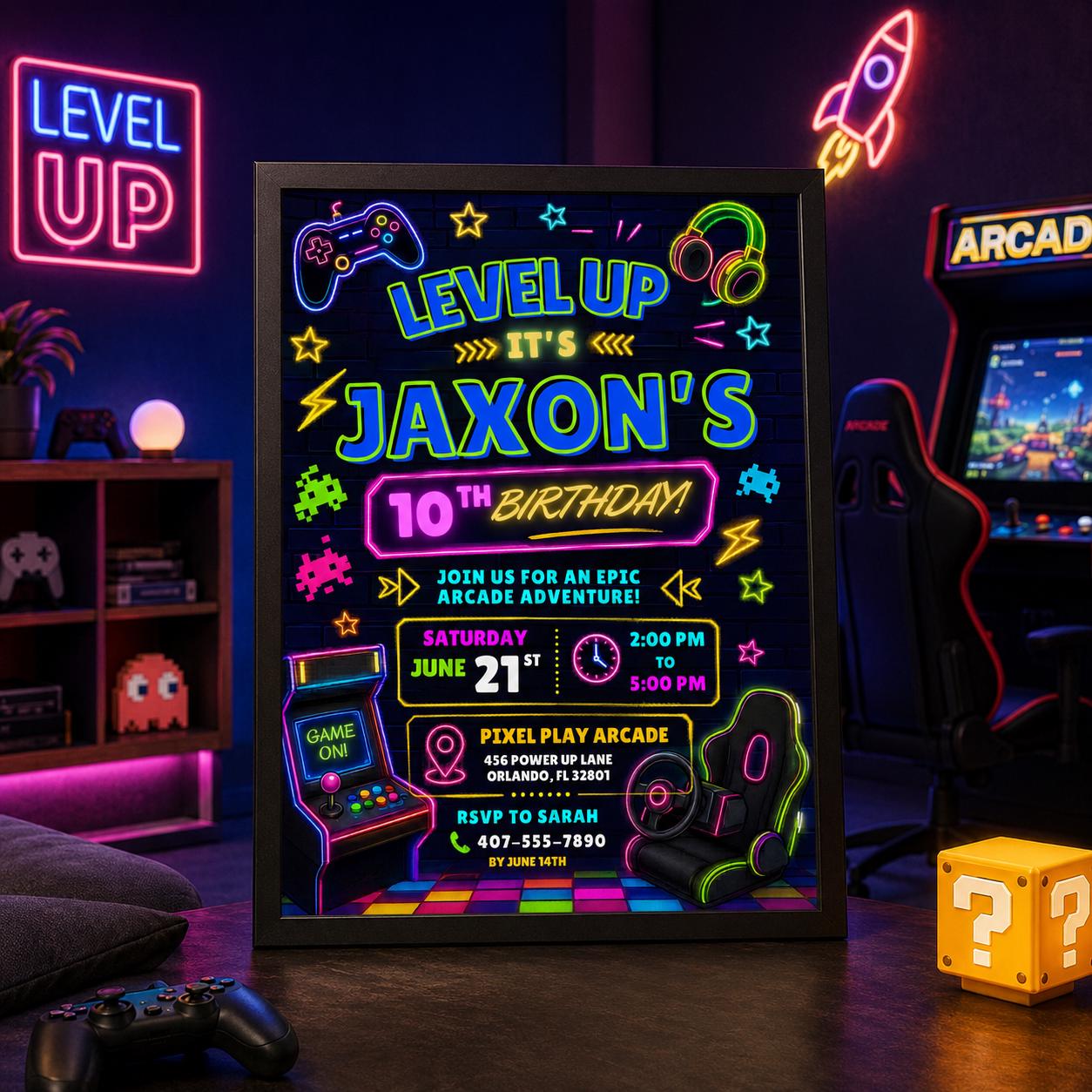 Editable Neon Glow Birthday Invitation Canva Template, Green Boys Neon Cute Fun DIY Chic Kids Teen Party Invite, Printable Digital Download.
