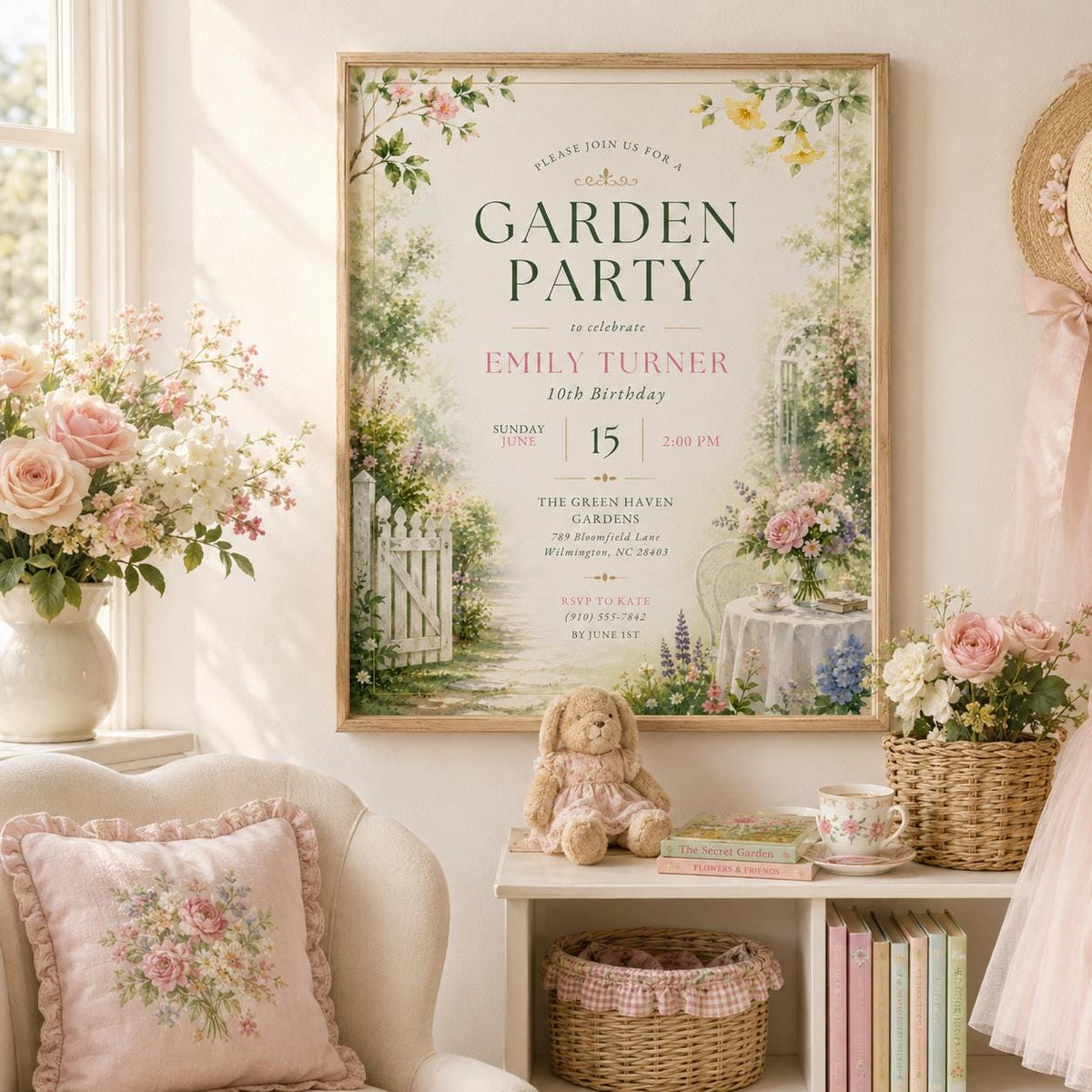 Editable Garden Birthday Invitation Canva Template, Floral Girls Cute Fun DIY Sweet Chic Kids Teen Party Invite, Printable Digital Download.
