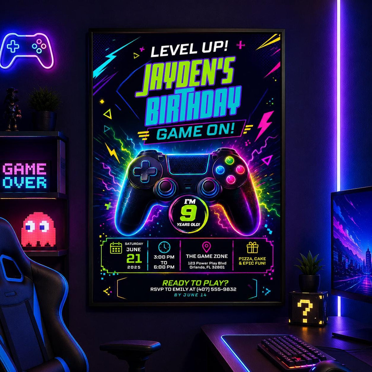 Editable Neon Glow Birthday Invitation Canva Template, Green Boys Neon Cute Fun DIY Chic Kids Teen Party Invite, Printable Digital Download.