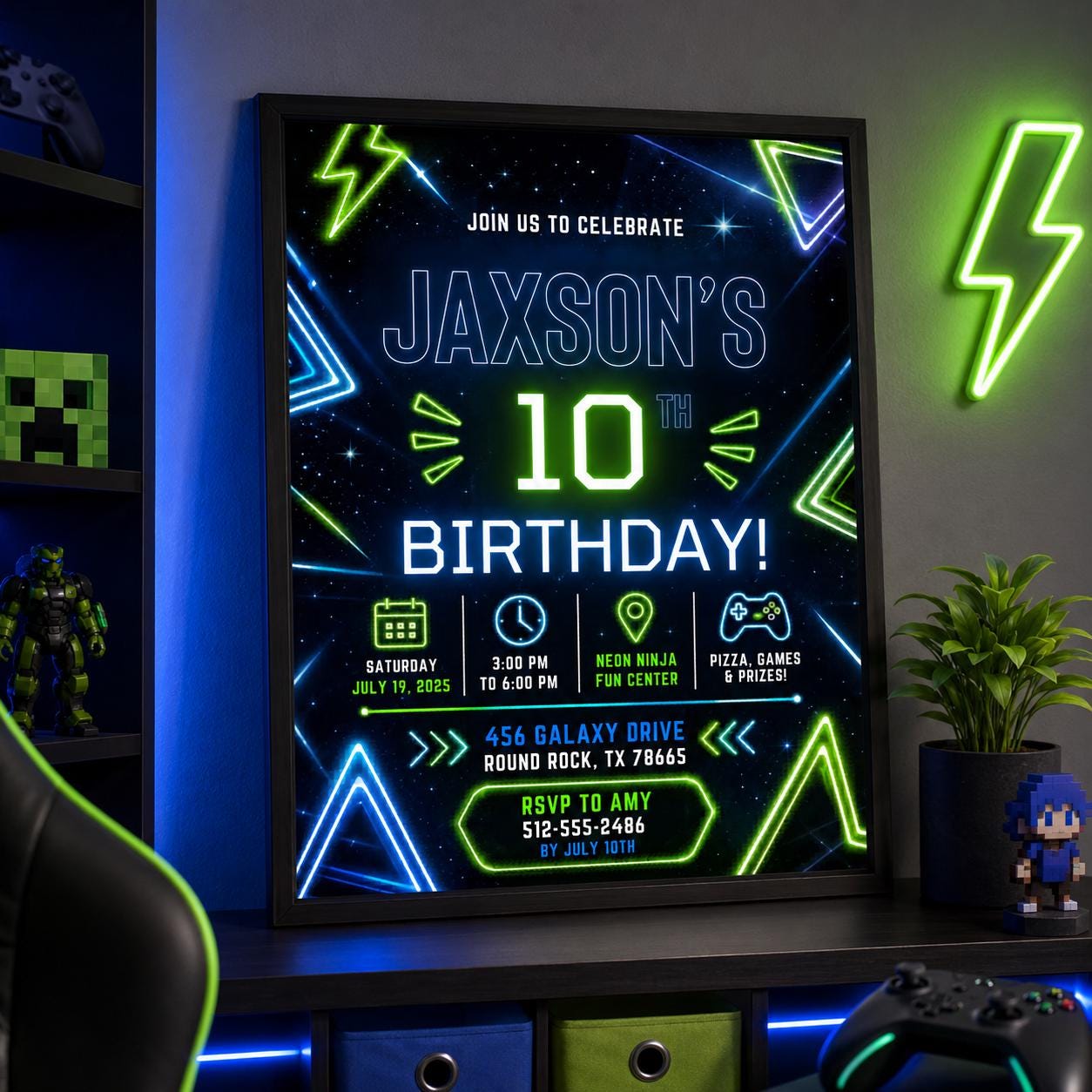 Editable Neon Glow Birthday Invitation Canva Template, Boys Teens Neon Cute Fun DIY Chic Kids Teen Party Invite, Printable Digital Download.